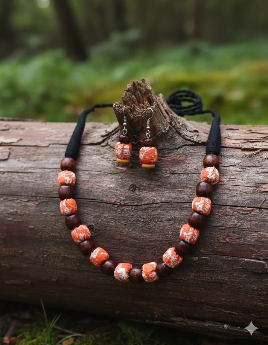 Necklace and earrings with orange and white patterned beads on a white background