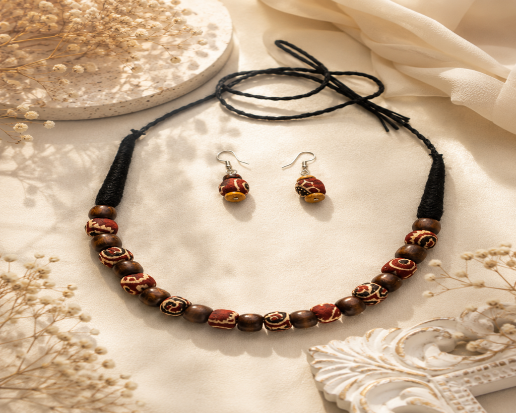 FABRIC WOODEN BEAD NECKLACE (SERENITY)