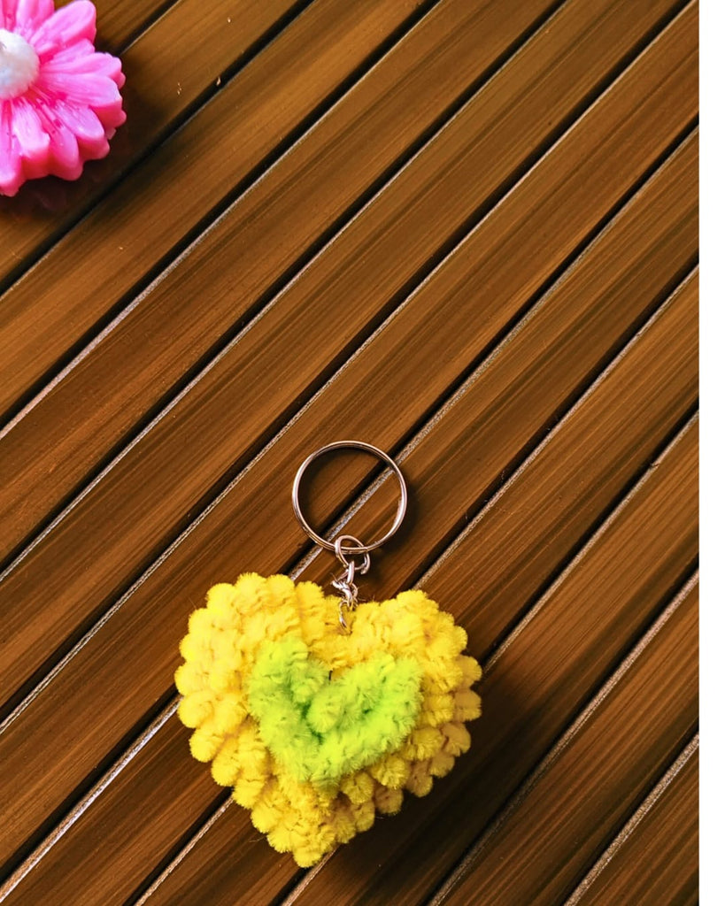 Handmade Fluffy Heart Keychain – Yellow with Green Center