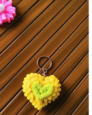 Handmade Fluffy Heart Keychain – Yellow with Green Center