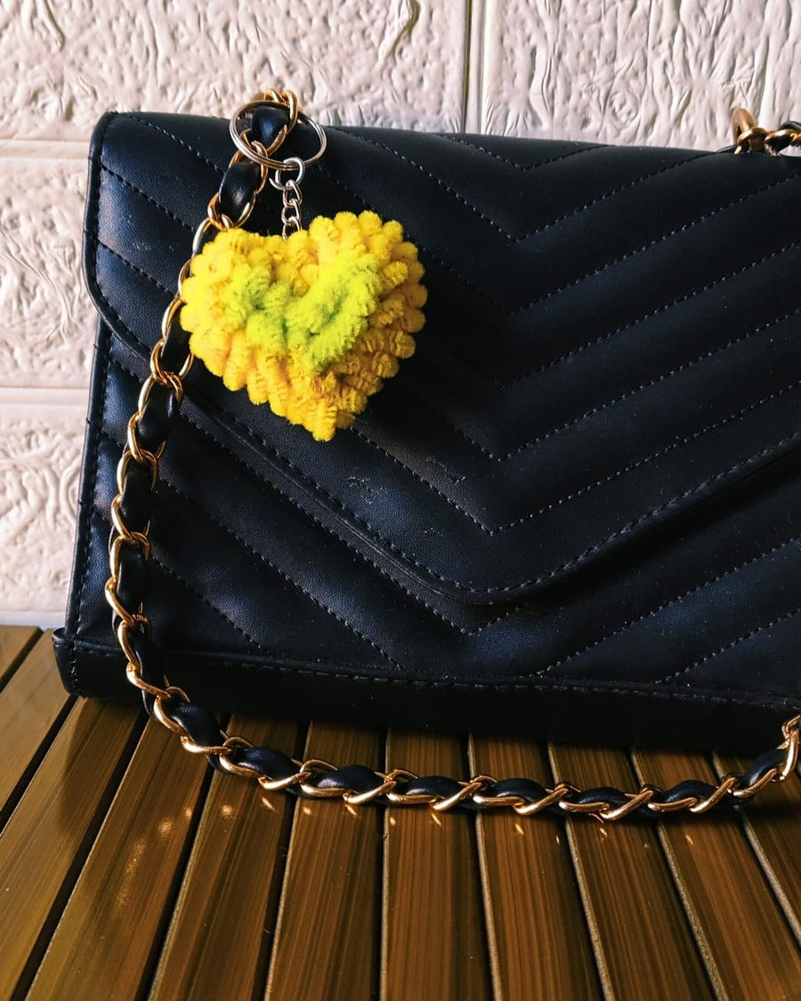 Handmade Fluffy Heart Keychain – Yellow with Green Center