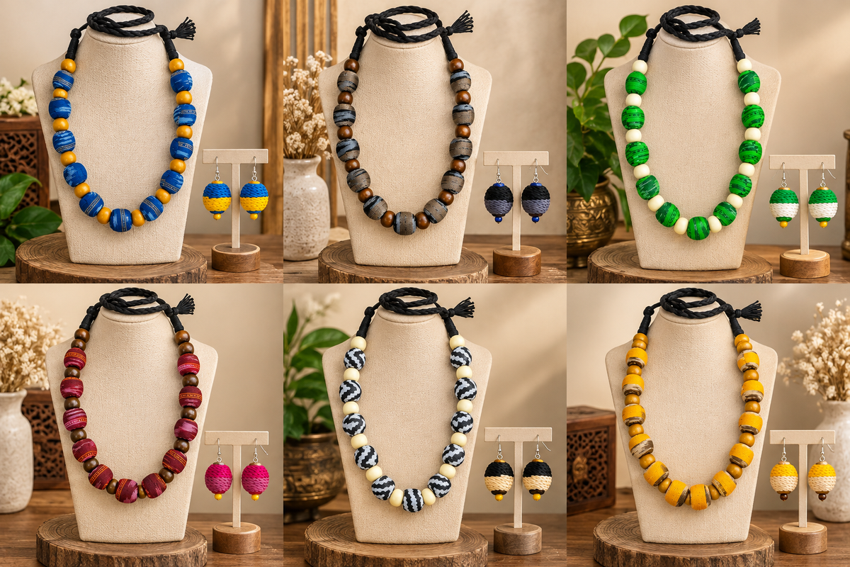 Sambalpuri Fabric Wooden Bead Jewellery Set for Women | Handmade Necklace & Earrings