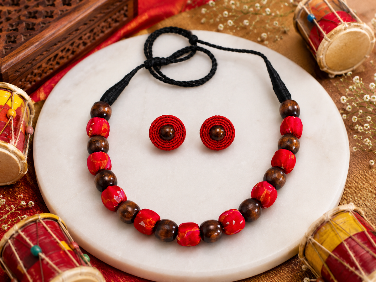 Red Wooden Bead Necklace Set for Women with Earrings | Handmade Indian Jewellery – Crimson Earth