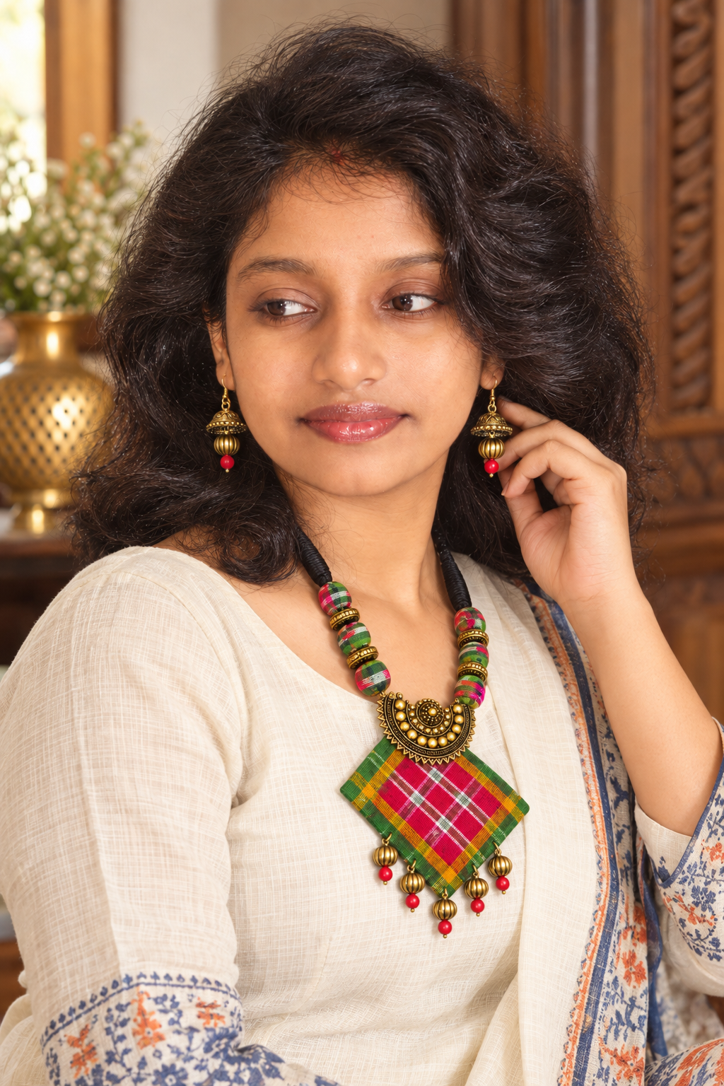 Rangmati Sambalpuri Fabric Necklace Set with Earrings – Handmade Bohemian Ethnic Jewellery | LEENAALANKAR